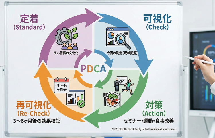 健康経営のPDCAサイクル図。測定による可視化、セミナー・運動・食事改善の対策、3〜6ヶ月後の再可視化、良い習慣の文化化(定着)を繰り返す